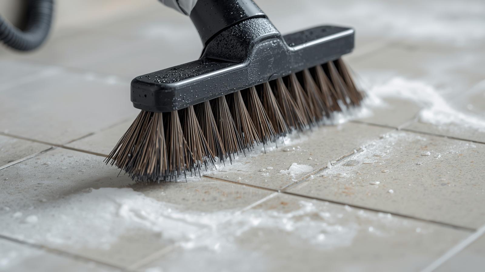 Detailed shot of a professional deep cleaning a bathroom tile with a scrub brush