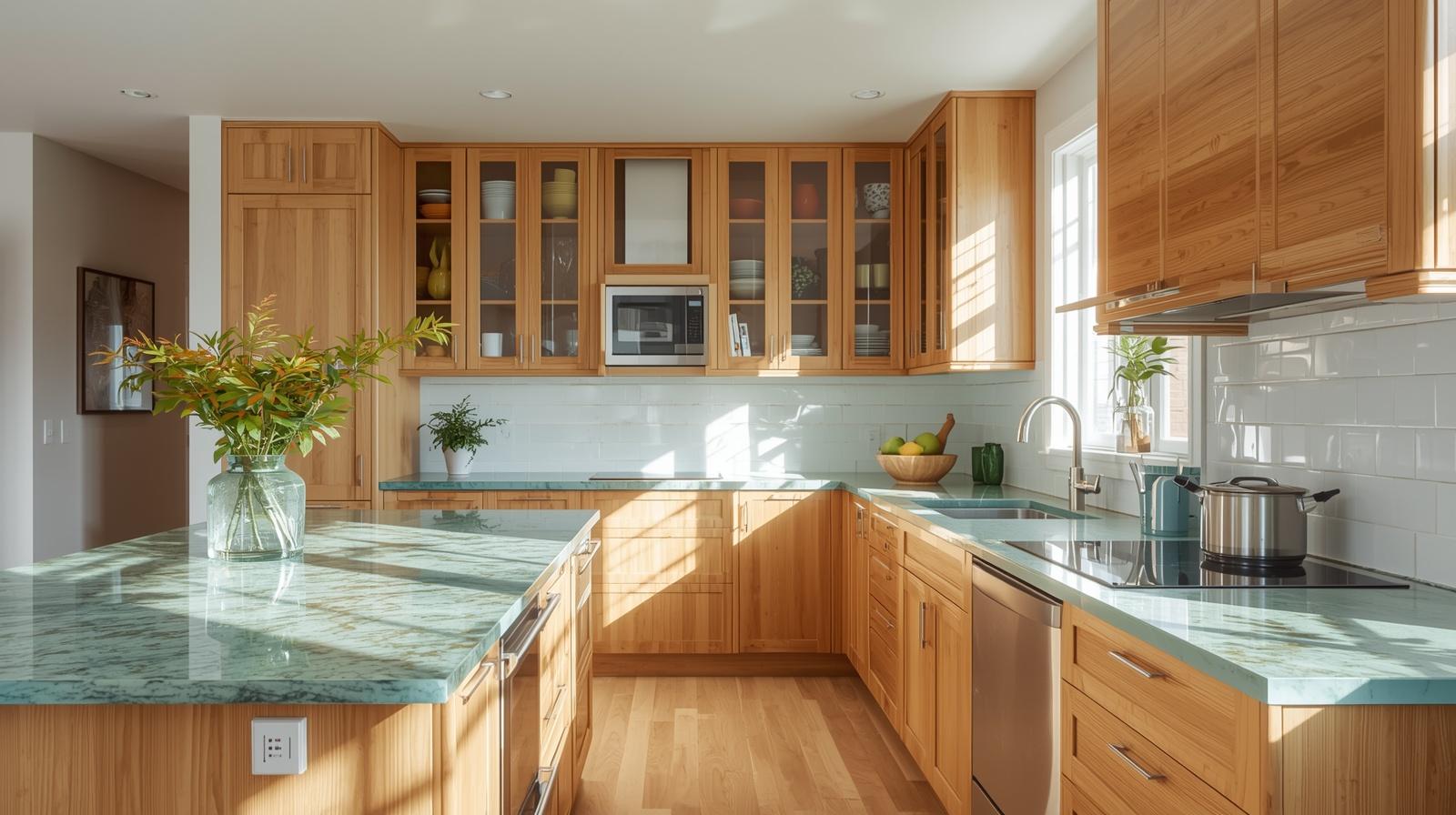 Eco-friendly kitchen with bamboo cabinetry, recycled glass countertops and energy-efficient appliances