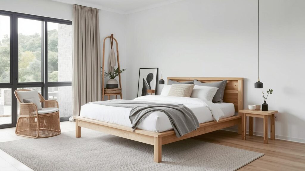 Eco-friendly reclaimed timber queen bed frame in a Scandinavian-style Australian bedroom