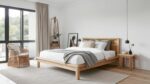 Eco-friendly reclaimed timber queen bed frame in a Scandinavian-style Australian bedroom