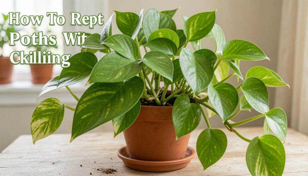 Hands transferring a pothos plant into a slightly larger pot with fresh potting mix