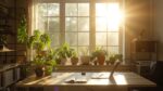 Home office with natural sunlight and plants.