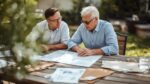 Homeowner and landscape designer reviewing deck versus patio plans and material samples at an outdoor table