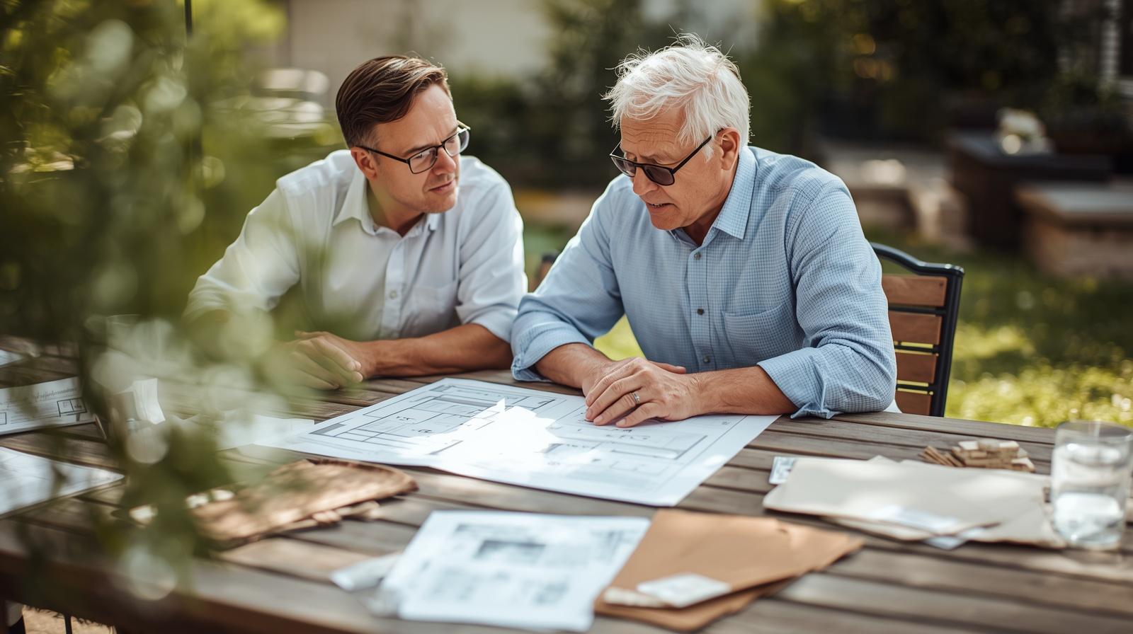 Homeowner and landscape designer reviewing deck versus patio plans and material samples at an outdoor table