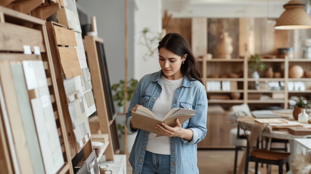 Homeowner choosing eco-friendly paint and sustainable materials at a design showroom