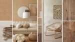 Interior design mood board showing sustainable materials including cork, rattan, linen and reclaimed timber