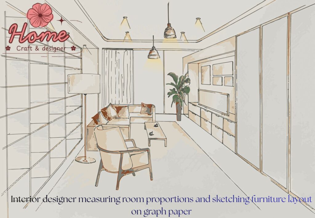 Interior designer measuring room proportions and sketching furniture layout on graph paper