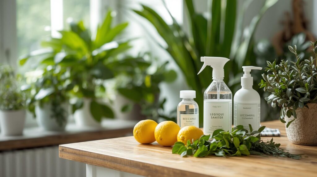 Lifestyle photo of eco-conscious cleaning with fresh ingredients and green plants in background