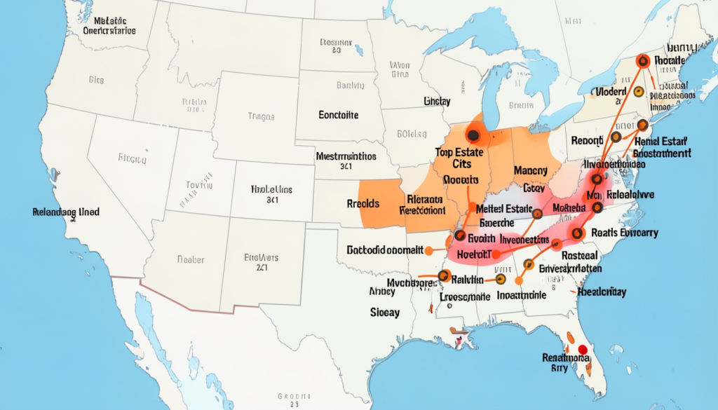 Map of the United States highlighting top real estate investment cities with growth indicators