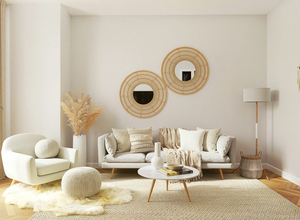 Modern living room with balanced furniture arrangement.