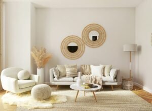 Modern living room with balanced furniture arrangement.