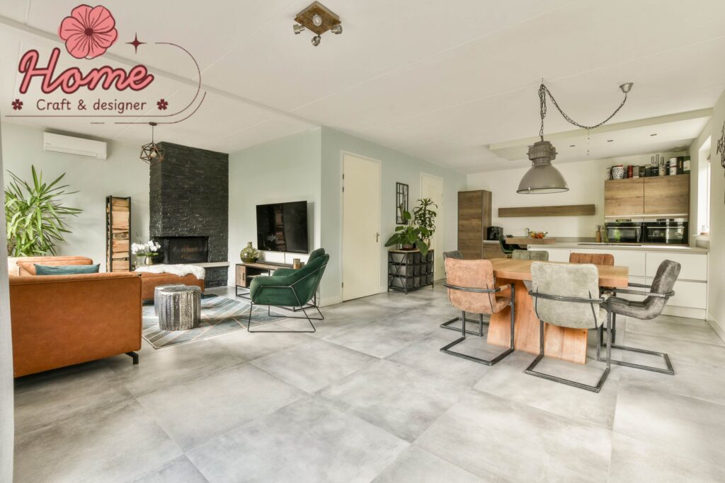 Open plan home showing seamless cohesive interior design flow from living to dining to kitchen