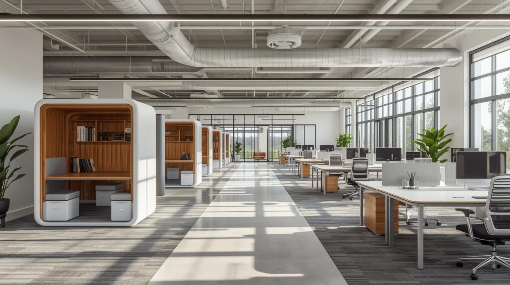 Open plan office with acoustic pods standing desks and natural light showcasing 2026 design trends