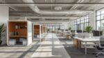 Open plan office with acoustic pods standing desks and natural light showcasing 2026 design trends