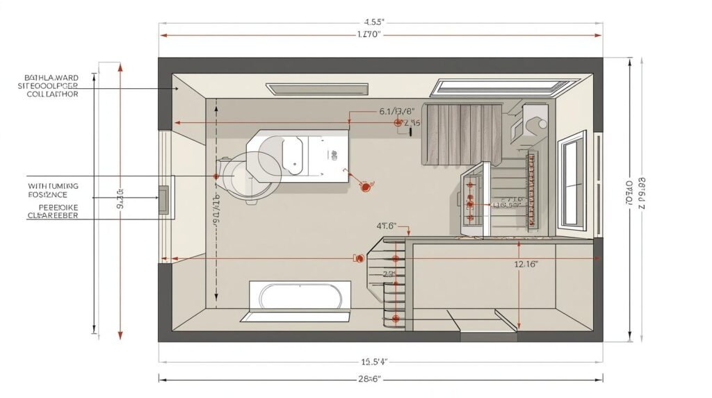 Overhead view of freestanding bath floor plan showing plumbing rough-in positions and clearance measurements