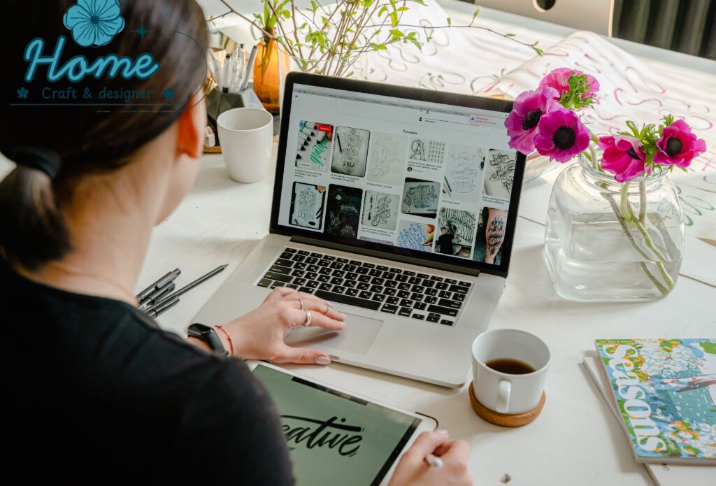 Person creating a digital mood board on laptop with interior design images and colour swatches