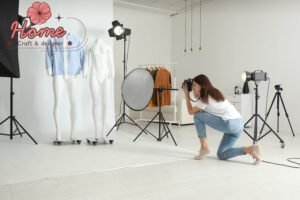 Person photographing rooms in a showroom that appeal to their personal design sensibility