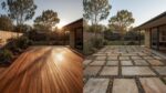 Side-by-side comparison image showing a timber deck on the left and a natural stone patio on the right in comparable Australian backyard settings