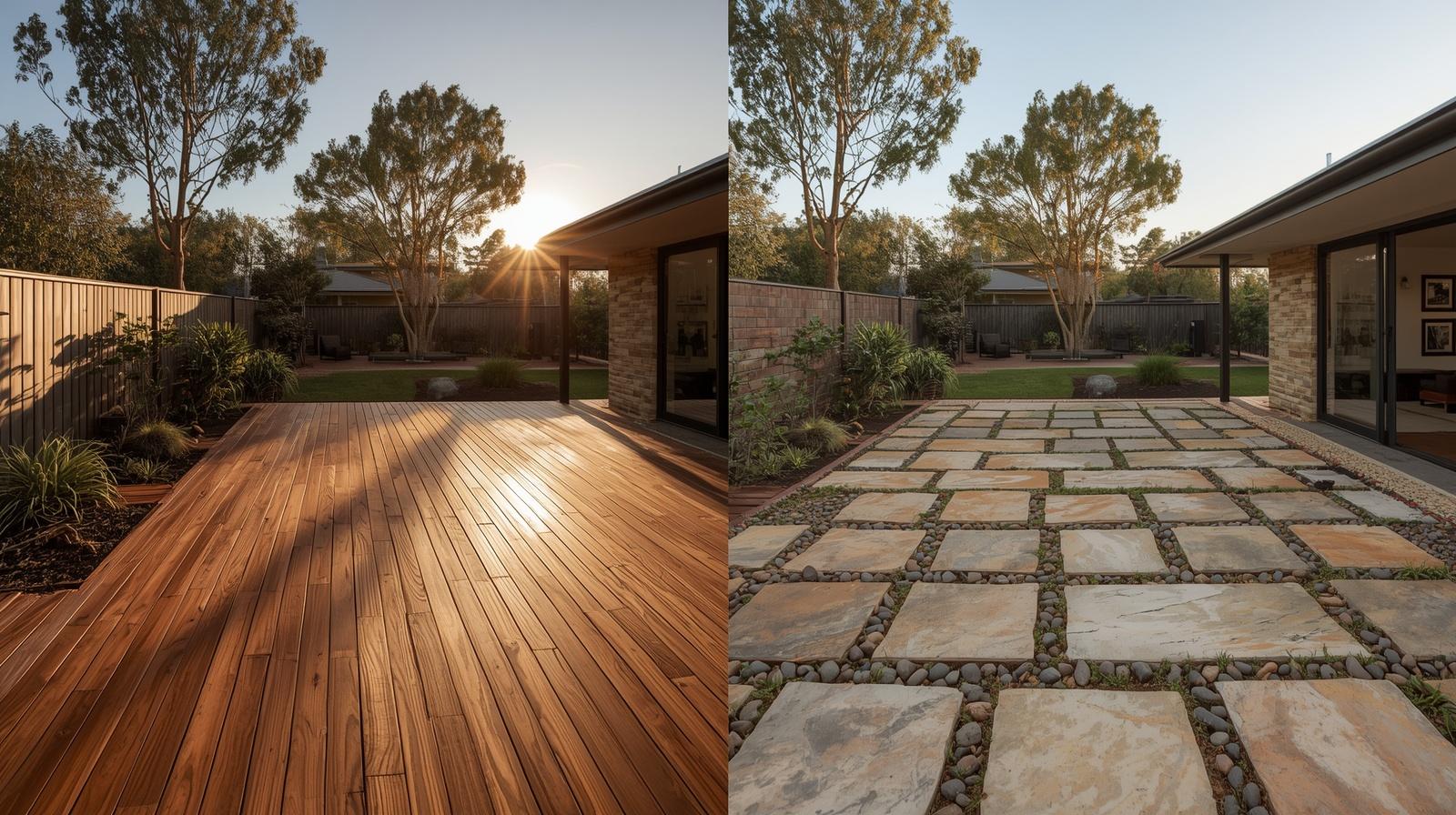 Side-by-side comparison image showing a timber deck on the left and a natural stone patio on the right in comparable Australian backyard settings