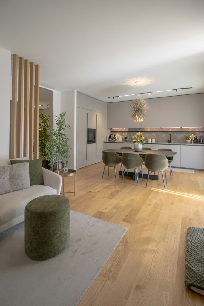 Stylish open-concept kitchen and dining area.