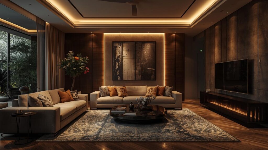 Stylish room featuring layered lighting design.
