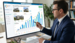Successful real estate investor reviewing a growing portfolio of properties on a digital dashboard