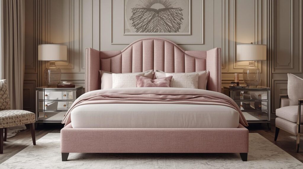 Upholstered queen bed frame in dusty pink boucle fabric with matching bedroom decor