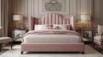 Upholstered queen bed frame in dusty pink boucle fabric with matching bedroom decor