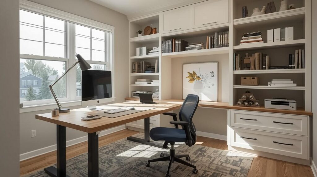 Well-designed home office with ergonomic setup.
