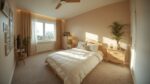 Wide-angle photo of a freshly cleaned, organized bedroom with natural sunlight streaming in