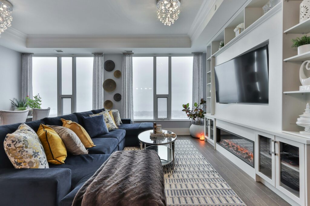 Modern luxury living room with earth-tone decor.