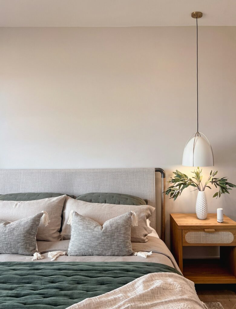 Stylish bedroom with neutral color palette.