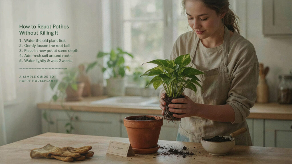 A pothos plant with roots visibly circling the drainage holes of its current pot