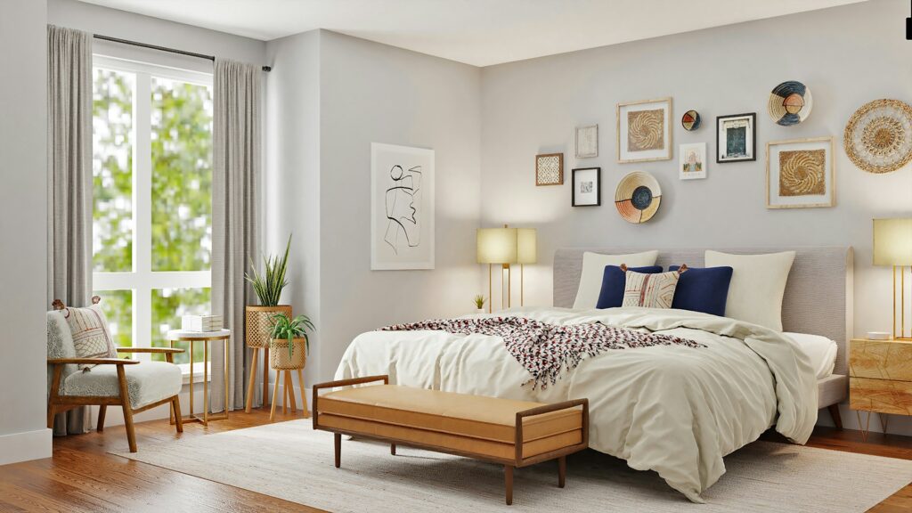 Minimalist bedroom featuring biophilic design elements.